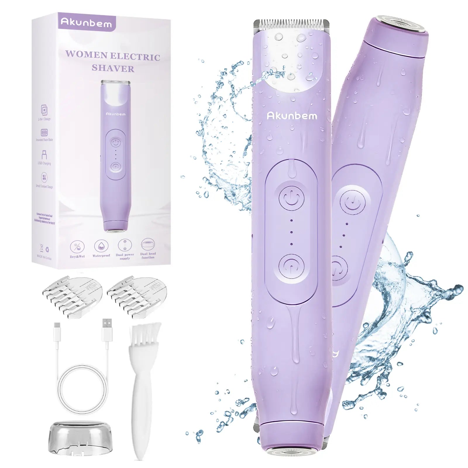Akunbem Bikini Trimmer for Women, Electric Shaver and Razor Rechargeable 2-In-1 Body and Facial Epilator, Dual Heads for Painless Trimming of Pubic Hair, Face, Underarms and Legs, Summer Gift