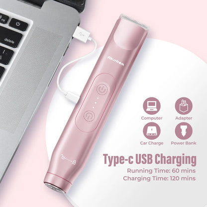 Akunbem Bikini Trimmer for Women, Electric Shaver and Razor Rechargeable 2-In-1 Body and Facial Epilator, Dual Heads for Painless Trimming of Pubic Hair, Face, Underarms and Legs, Summer Gift