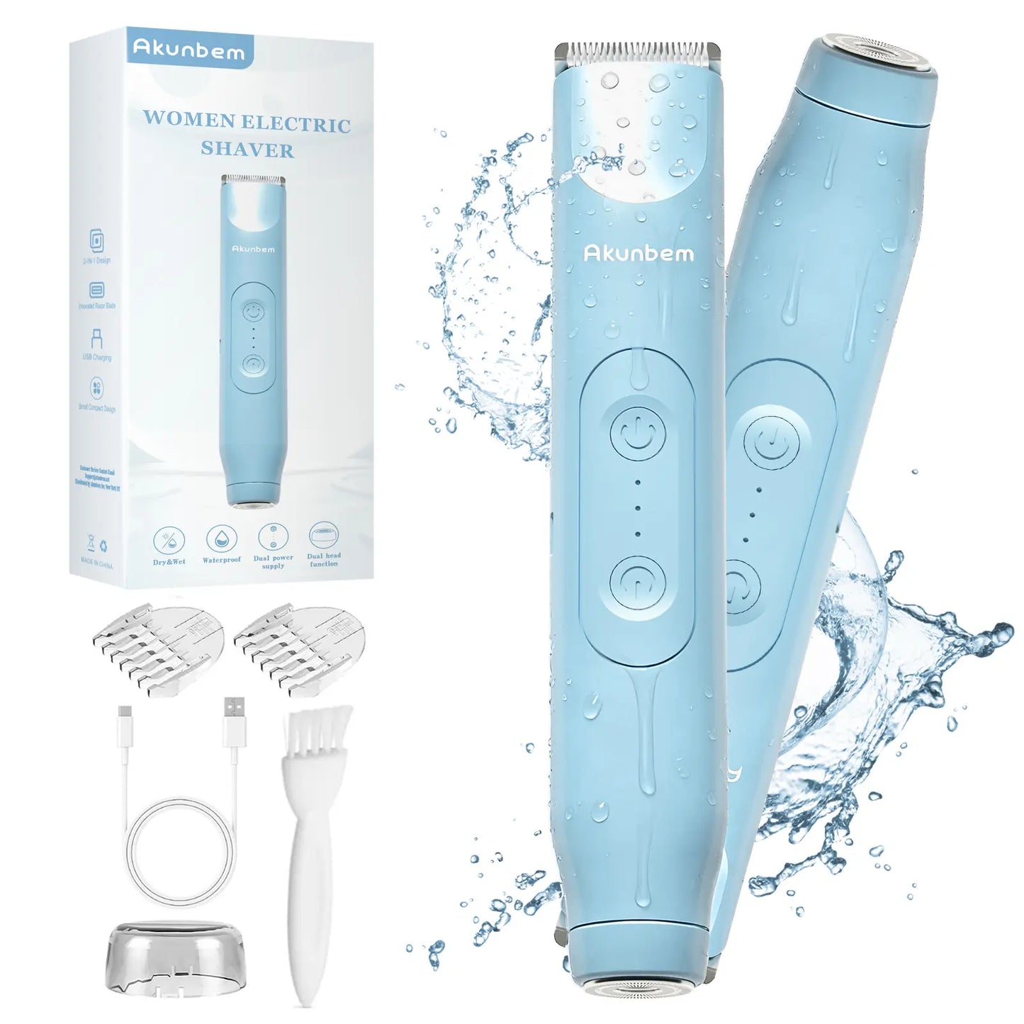 Akunbem Bikini Trimmer for Women, Electric Shaver and Razor Rechargeable 2-In-1 Body and Facial Epilator, Dual Heads for Painless Trimming of Pubic Hair, Face, Underarms and Legs, Summer Gift