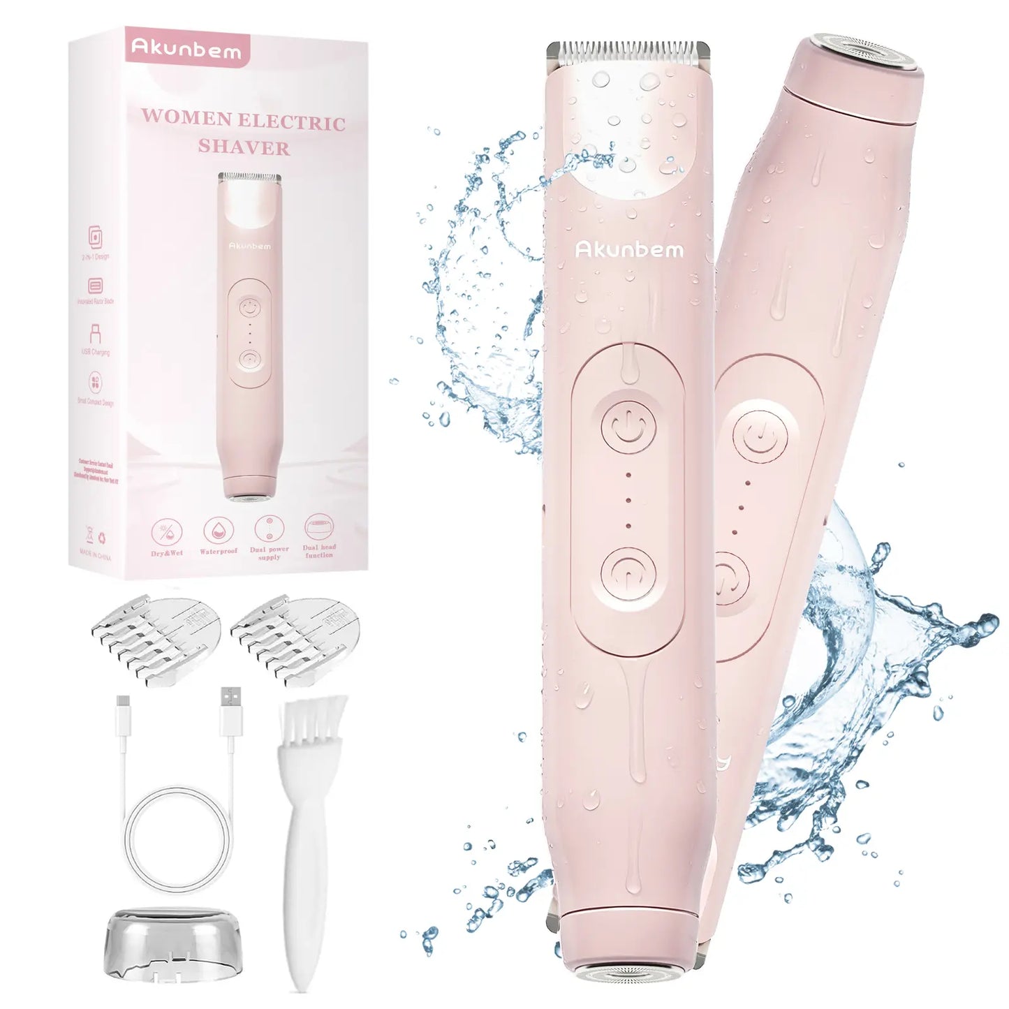 Akunbem Bikini Trimmer for Women, Electric Shaver and Razor Rechargeable 2-In-1 Body and Facial Epilator, Dual Heads for Painless Trimming of Pubic Hair, Face, Underarms and Legs, Summer Gift