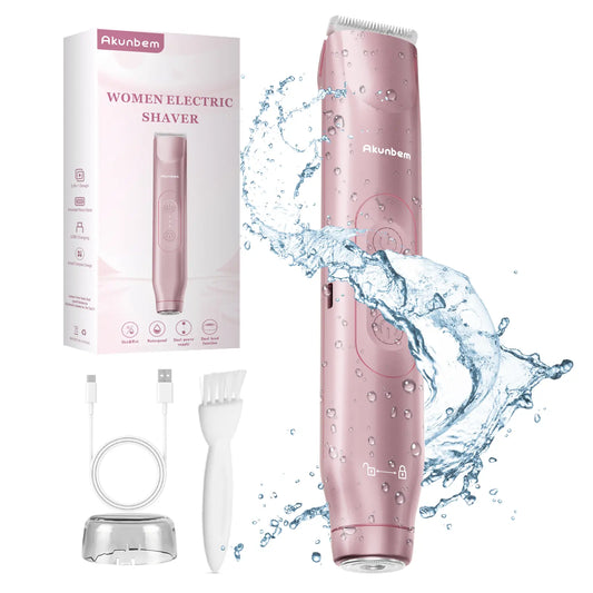 Akunbem Bikini Trimmer for Women, Electric Shaver and Razor Rechargeable 2-In-1 Body and Facial Epilator, Dual Heads for Painless Trimming of Pubic Hair, Face, Underarms and Legs, Summer Gift