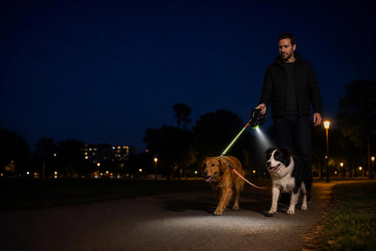 Paseo nocturno con la correa doble Tarinu y su linterna LED